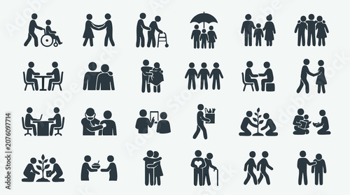 Social interaction, community support, and care vector icon set