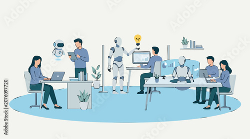 Artificial intelligence and humans collaborating in a modern office workspace