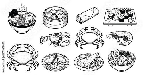 Photos Japanese and Asian seafood icons set, black and white line art vector of sushi,
