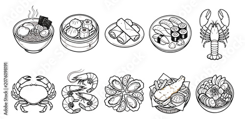 Schilderij op canvas Asian seafood and sushi line art icons, 10 black and white vector illustrations