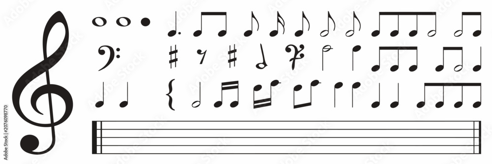 Fototapeta premium Music Notes Elements Set Treble Clef Staff Vector Notation Sheet