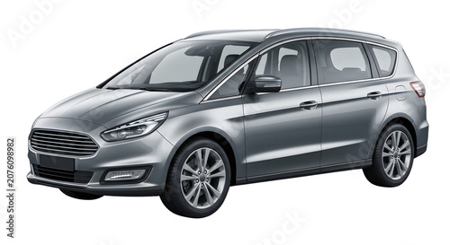 Modern silver Ford Galaxy minivan isolated on white background.