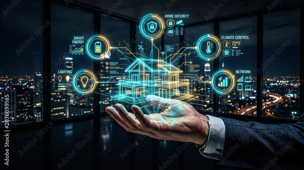 Fototapeta premium Smart Home Security and Automation System with Futuristic Hologram House on Businessman Hand Night