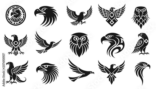 Collection of ornate black and white eagle and owl illustrations.