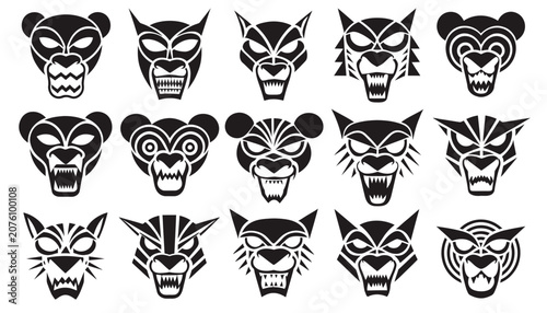 Collection of black and white animal skull vector illustrations.