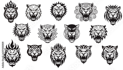 Collection of Fierce Tiger Head Illustrations in Black and White.