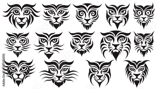Collection of Intricate Black and White Owl and Cat Head Illustrations.