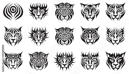 Collection of Intricate Black and White Animal Face Illustrations.