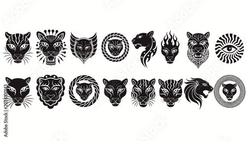 Black and white illustrated collection of fierce animal head logos.