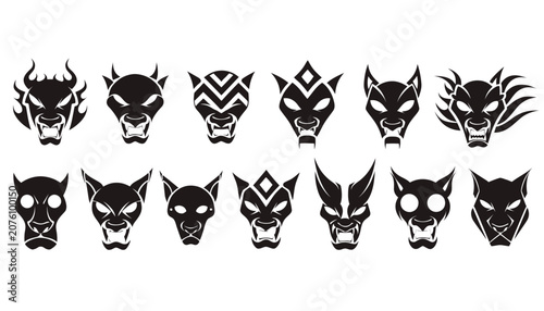 Collection of sixteen stylized monster and demon face icons in black.