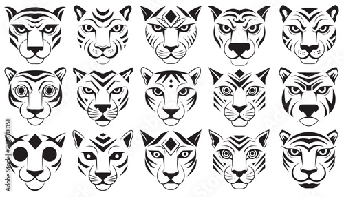 Collection of Detailed Black and White Tiger Head Illustrations.