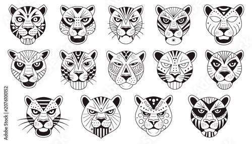 Collection of stylized black and white tiger head illustrations.