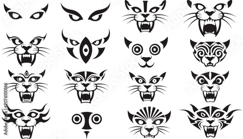 Collection of Intricate Black and White Tiger and Cat Face Designs.