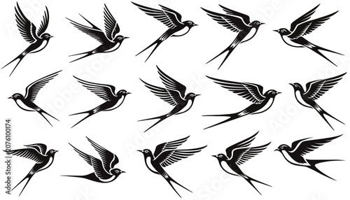 Black and white swallows flying in various dynamic poses.