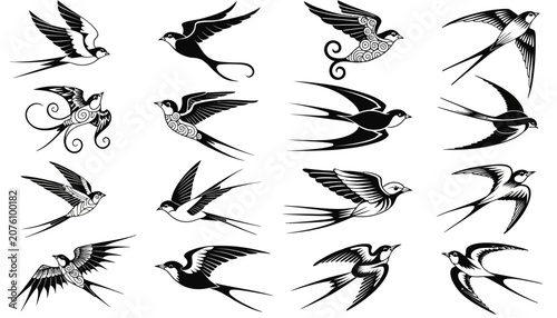 Collection of black and white bird silhouettes in flight.
