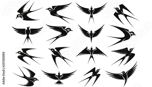 Black and white illustration of swallows in flight.