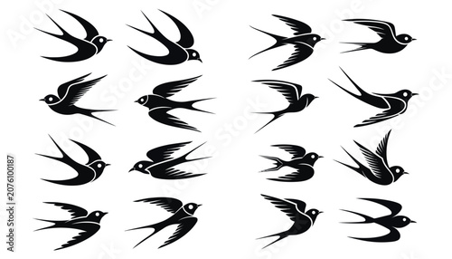 Set of black silhouette swallows in flight against white background.