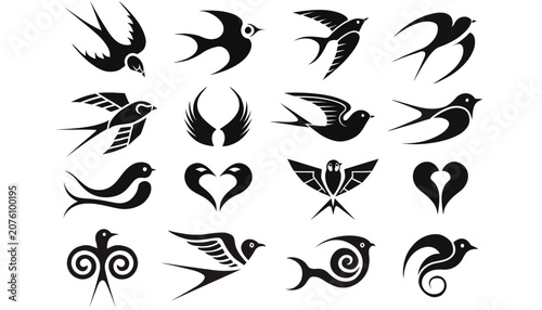 Elegant black and white bird and heart symbol icons collection.