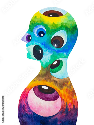 abstract human head eye looking inside self chakra mediter peace mind mental health heal care love meditation soul spiritual universe positive power therapy art design illustration watercolor painting