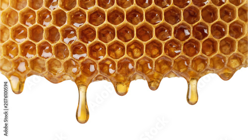 фотографія Golden honeycomb with dripping honey isolated PNG, natural sweet food on transpa