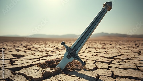 A medieval longsword plunged into cracked earth under sunlight.