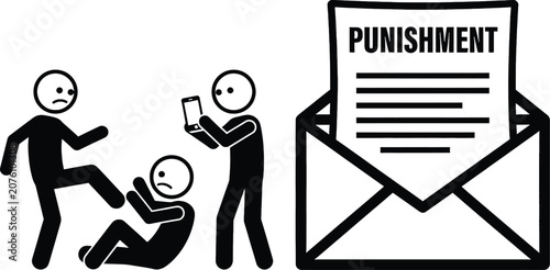 Schilderij op canvas Stick figure people bullying a victim while filming with a phone and an envelope