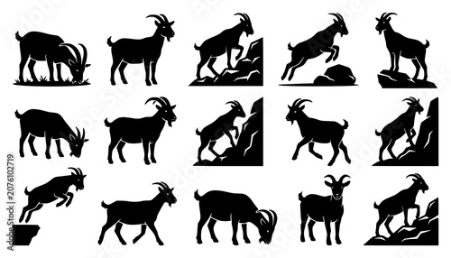 Schilderij op canvas Farm and Mountain Goat Silhouette Vector Bundle with Natural Animal Poses