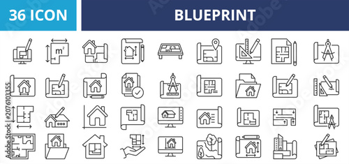 Blueprint web banner icon set outline vector illustrations concept  with icon design, drawing, background, vector, illustration, technology, plan