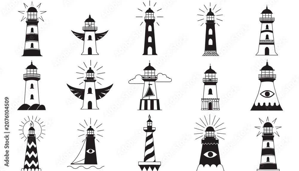 Naklejka premium Collection of black and white lighthouse illustrations in various artistic styles.