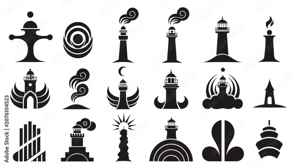Naklejka premium Collection of sixteen black and white vintage travel and navigation icons set.