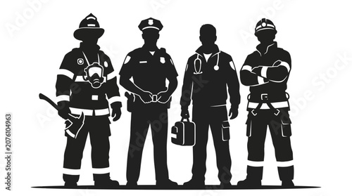 Emergency service professionals including a firefighter, a police officer, a medical worker, and a rescue specialist stand together in a unified lineup.