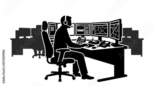 Photos Dispatcher sits at a command center desk using multiple computer monitors and communication devices to coordinate logistics and oversee complex operations in a high pressure environment