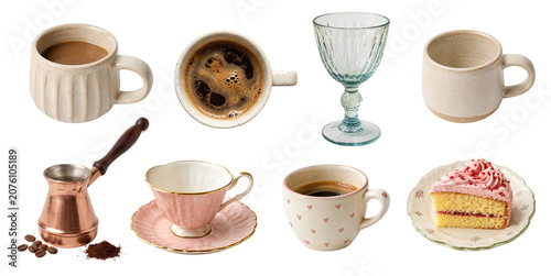 Realistic Coffee Cups, Dessert and Tableware Collection Isolated on Transparent Background PNG