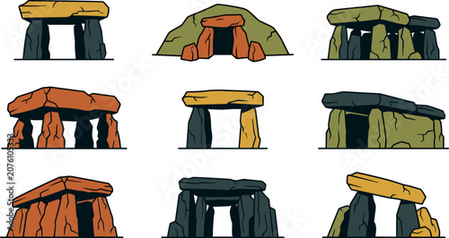 Bild auf Leinwand Prehistoric Dolmen and Megalithic Stone Monument Vector Icon Set Featuring Ancie