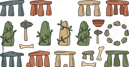 Bild auf Leinwand Prehistoric Megalithic Stone Monument Vector Icon Set Featuring Dolmens Menhirs