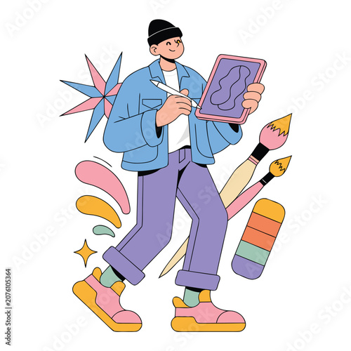 Young digital artist drawing on tablet with creative tools and colorful art supplies illustration