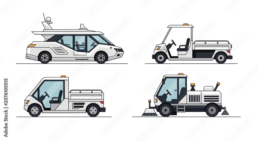 Fototapeta premium Vehicles transport people and goods around the theme park on various transportation vehicles.