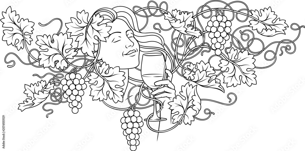 Fototapeta premium Woman Drinking Wine Grape Vine Leaves Illustration