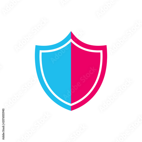 Simple shield icon with blue and pink halves against a white backdrop symbolizing protection and balance