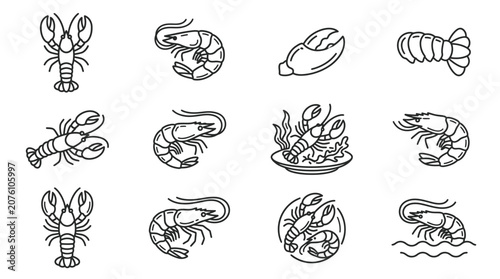 Canvas Print Shrimp and lobster line drawings.