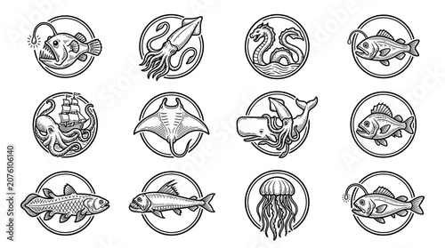 Fényképezés Fish sea creatures marine animals icons.
