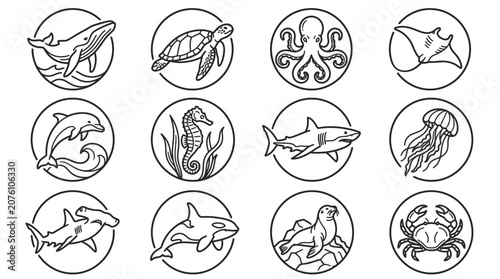 Photography Sea creatures icons set ocean animals 10.