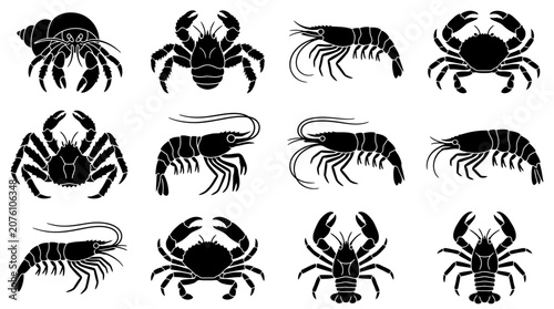 Tableau sur toile Black silhouettes of various crustaceans side.