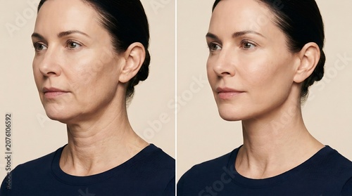 Comparison of skin laxity before and after cosmetic treatment showing jawline lifting and neck tightening for an adult woman