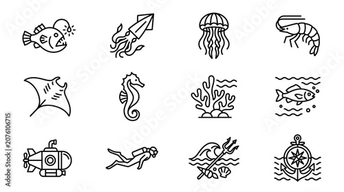Underwater ocean sea creatures icons.