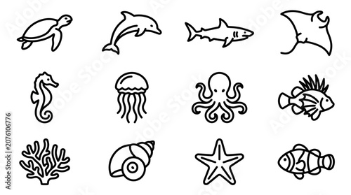 Sea creatures icons set black line.