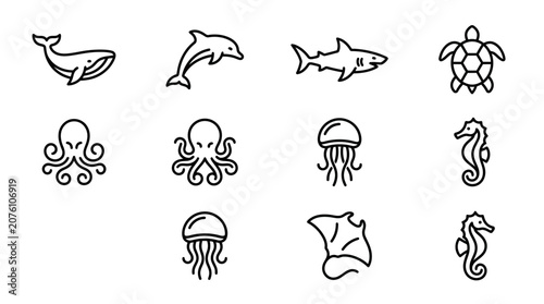 Sea creatures icons set ocean animals 8.