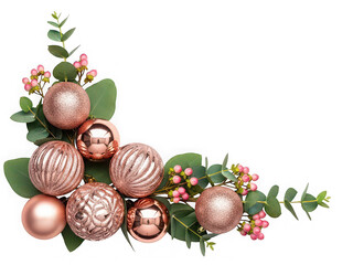 Christmas rose gold baubles with green eucalyptus leaves isolated on transparent background