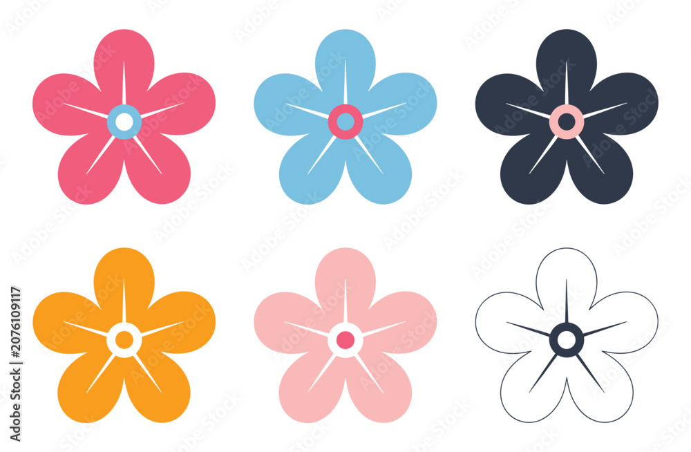 Fototapeta premium Colorful Flower Collection: A set of six vibrant, stylized flower icons in various colors and designs, perfect for adding a touch of beauty and charm to any project. floral element, decorative accent.