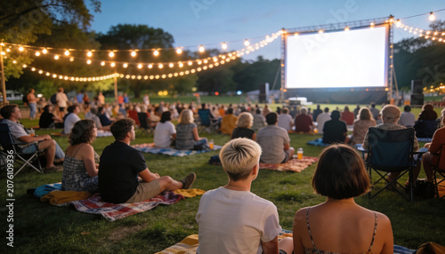 A group of people enjoying an outdoor movie screening in a park at dusk. Summer community event with a large blank screen for copy space